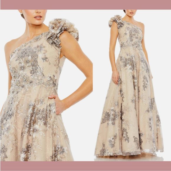 NWT $898 Mac Duggal [ 14 ] Embellished‎ One Shoulder Lace A Line Gown Q612